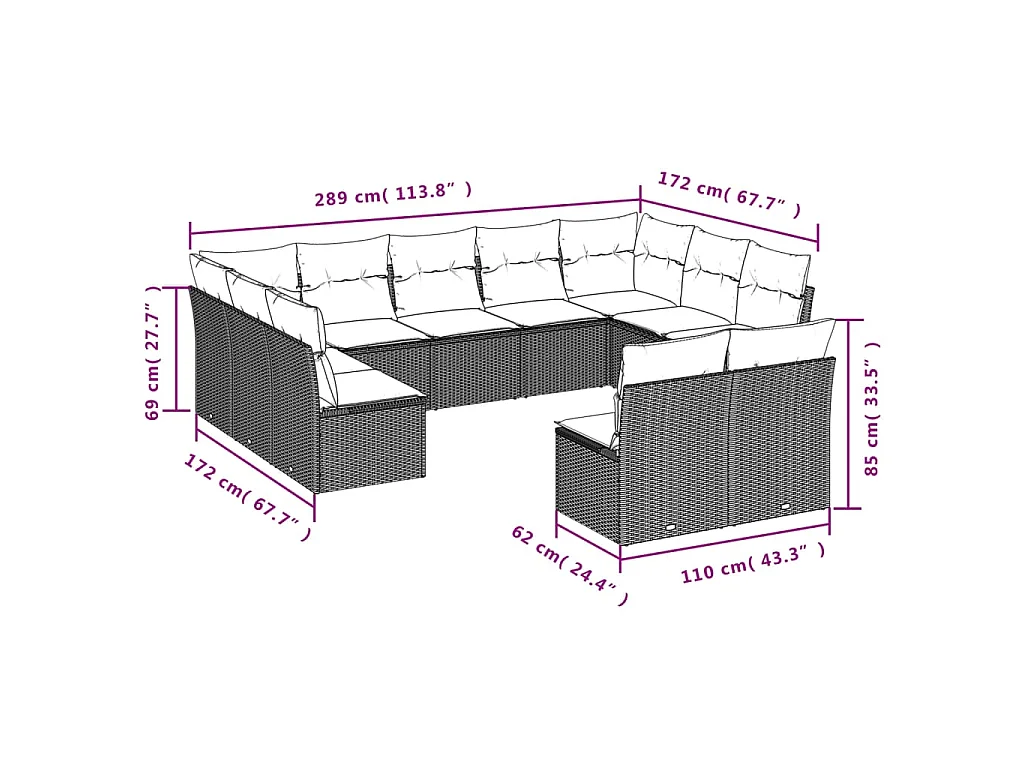 Set de sofás de jardín 11pzas con cojines ratán sintético beige
