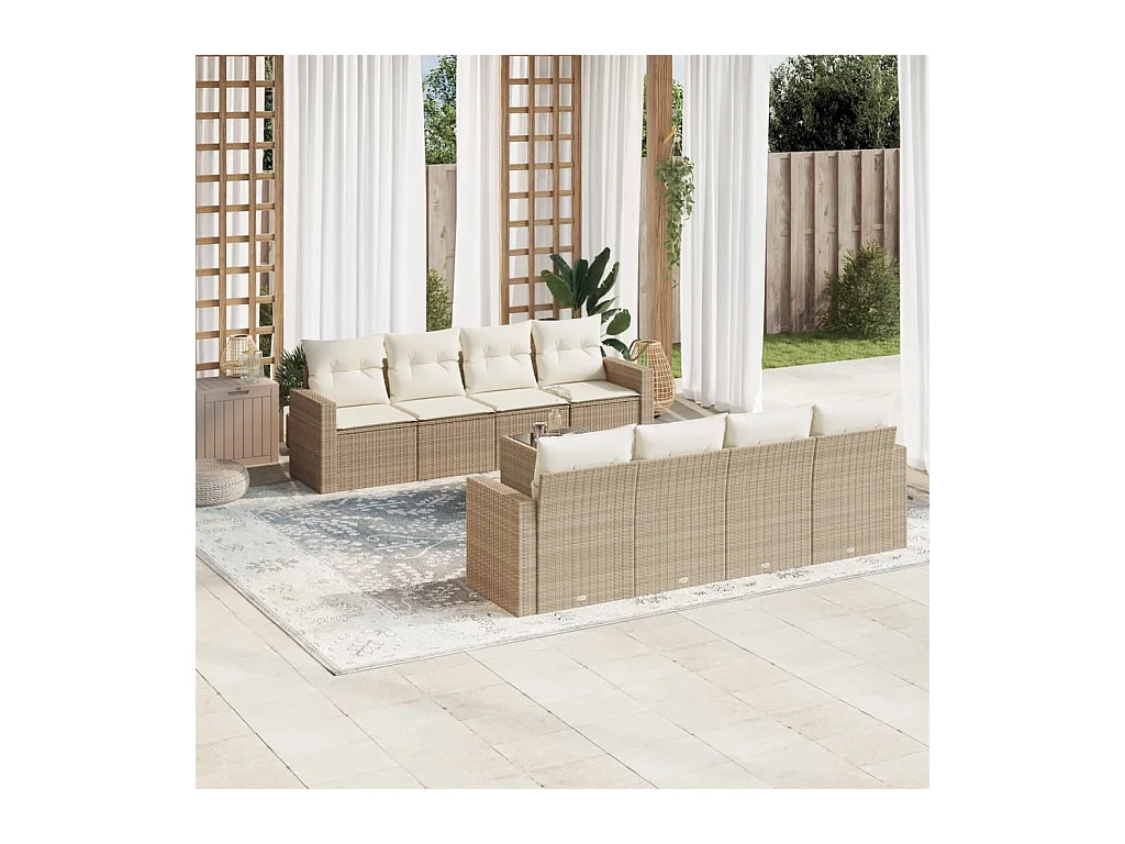 Salon de jardin avec coussins 9 pcs beige résine tressée