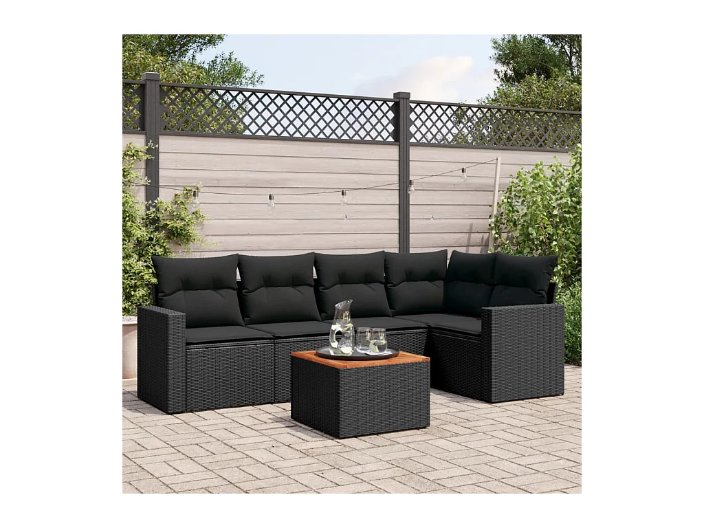 Salon de jardin 6 pcs avec coussins noir résine tressée