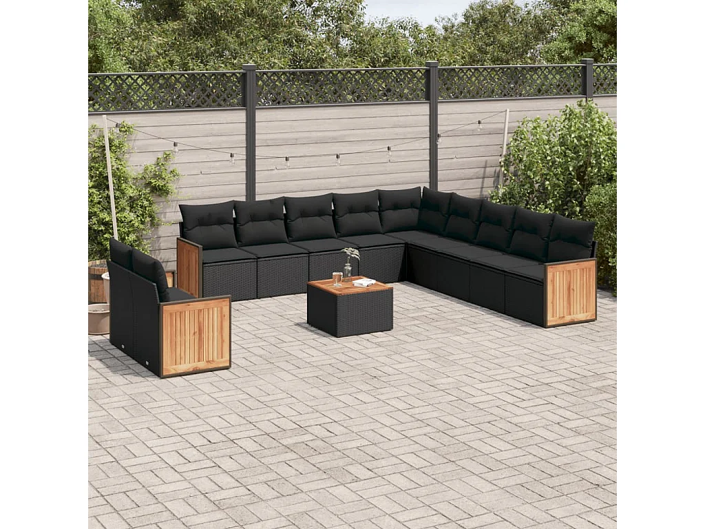 Salon de jardin 12 pcs avec coussins noir résine tressée