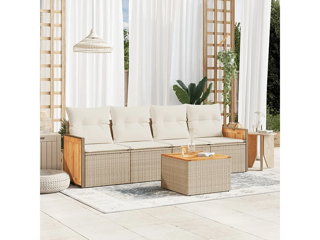 5-tlg. Garten-Sofagarnitur mit Kissen Beige Poly Rattan
