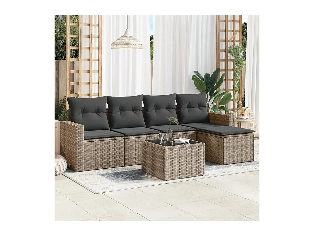 Salon de jardin 6 pcs avec coussins gris résine tressée