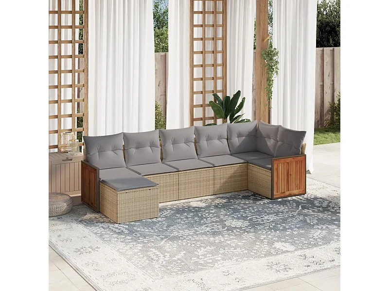 Set Divani da Giardino 7 pz con Cuscini Beige in Polyrattan