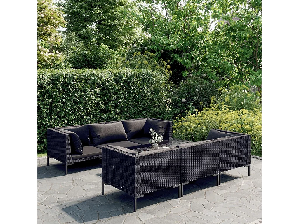 7-tlg. Garten-Lounge-Set mit Kissen Poly Rattan Dunkelgrau