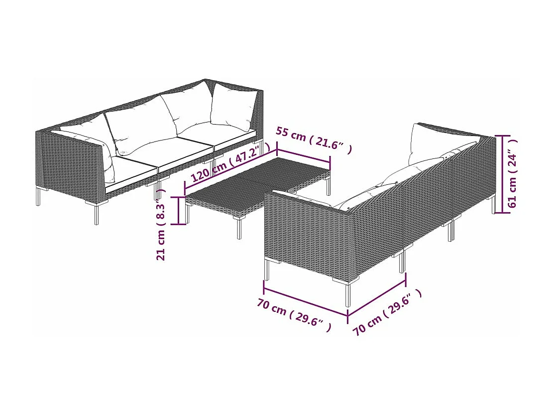 7-tlg. Garten-Lounge-Set mit Kissen Poly Rattan Dunkelgrau