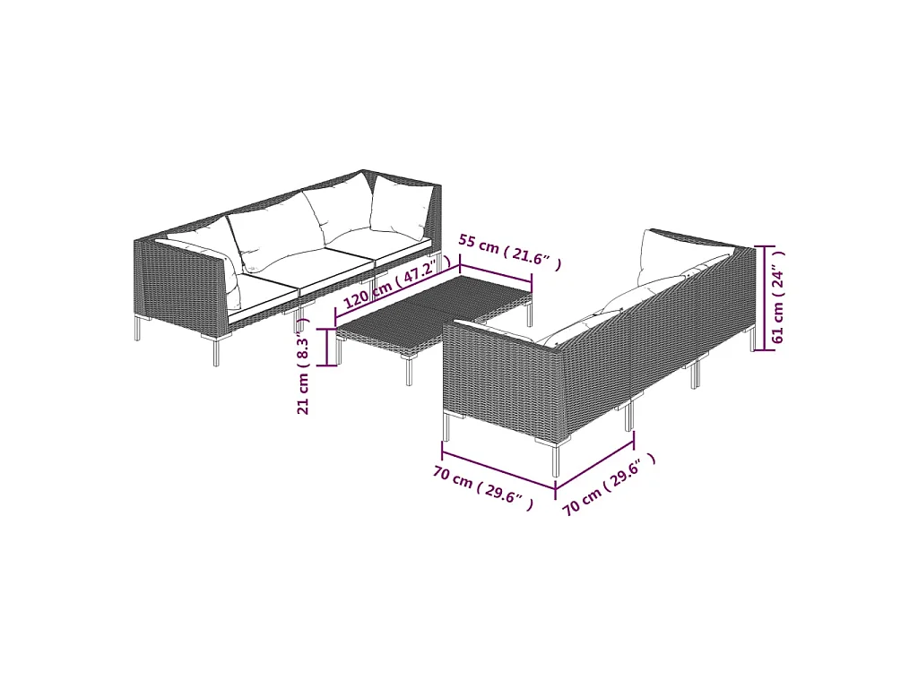 7-tlg. Garten-Lounge-Set mit Kissen Poly Rattan Dunkelgrau