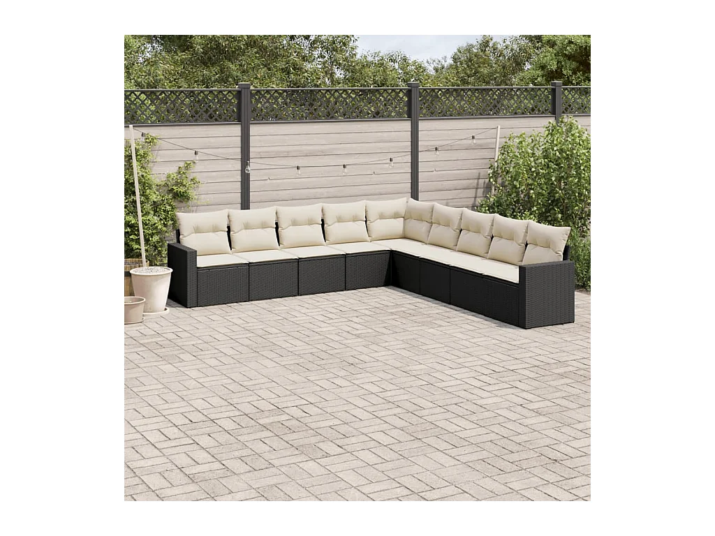 Salon de jardin 9 pcs avec coussins noir résine tressée