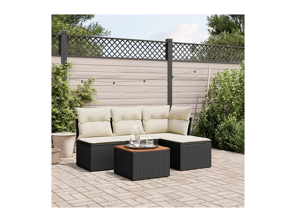 5-delige Loungeset met kussens poly rattan zwart