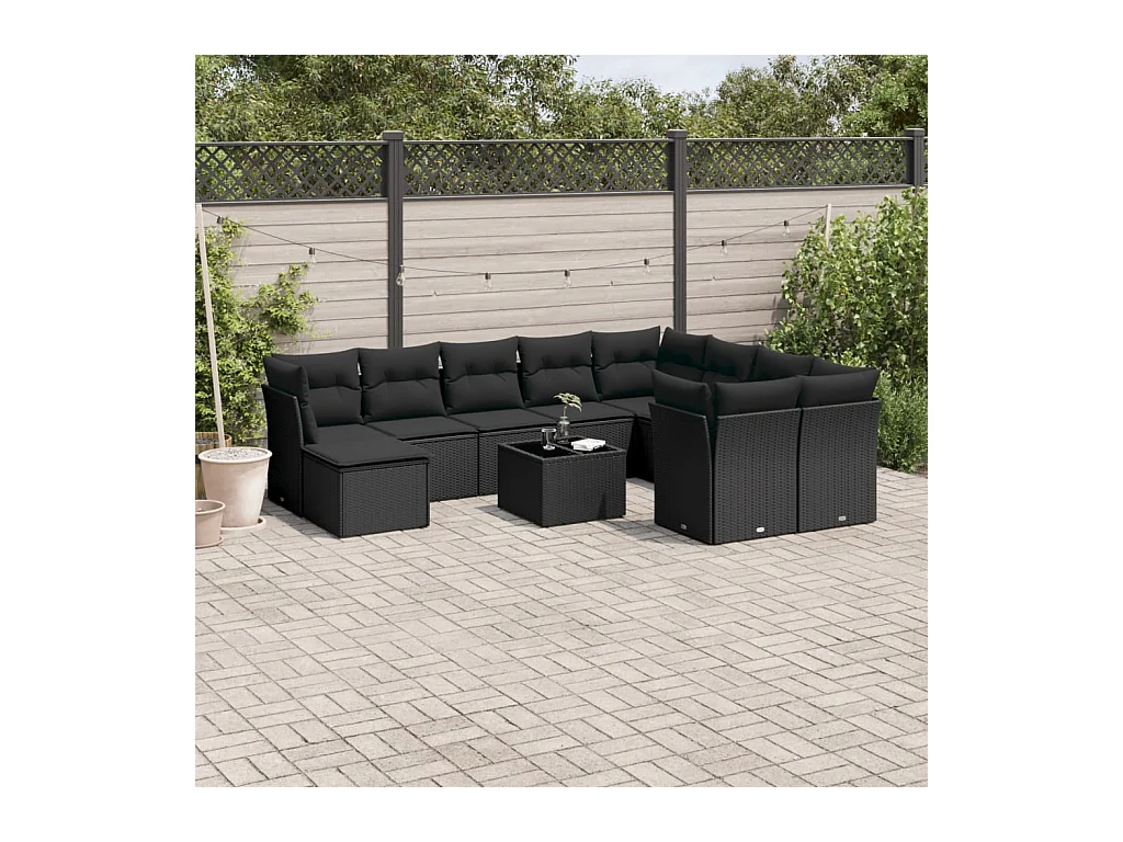 11-tlg. Garten-Sofagarnitur mit Kissen Schwarz Poly Rattan
