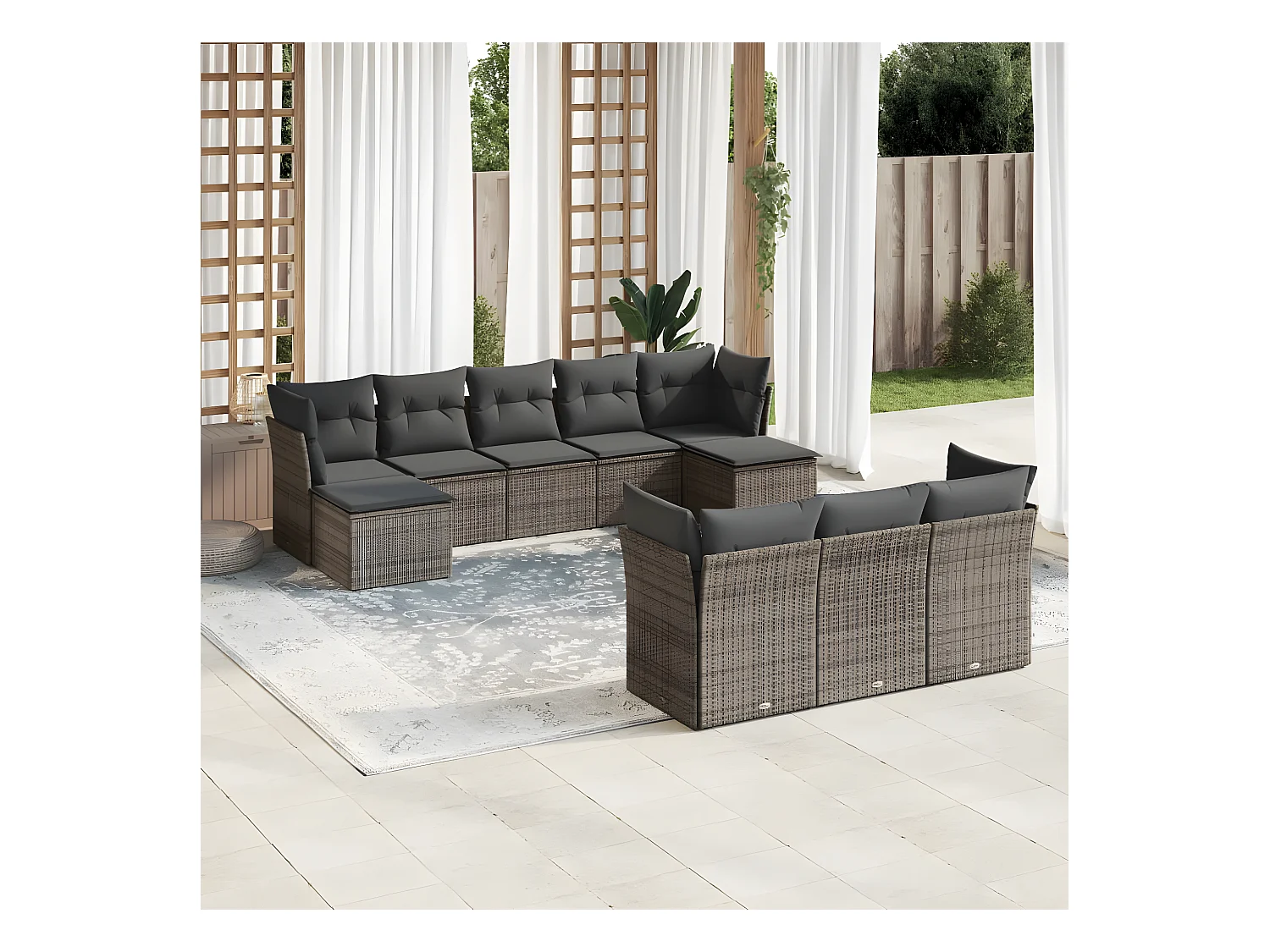 10-delige Loungeset met kussens poly rattan grijs
