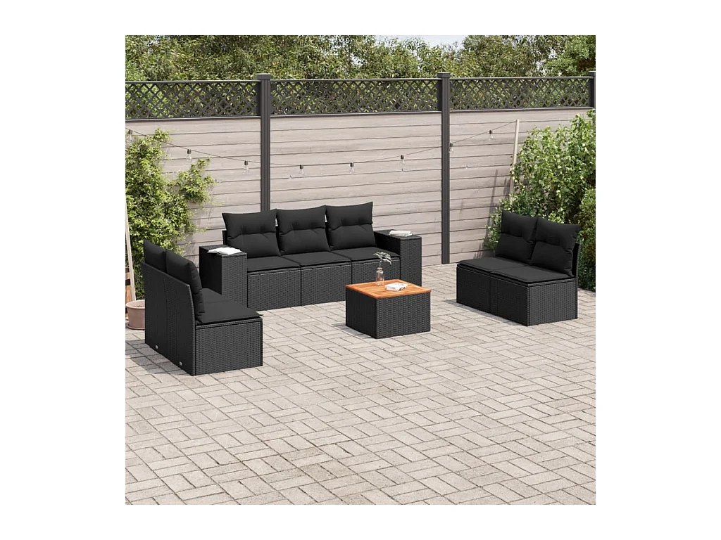 Salon de jardin 8 pcs avec coussins noir résine tressée