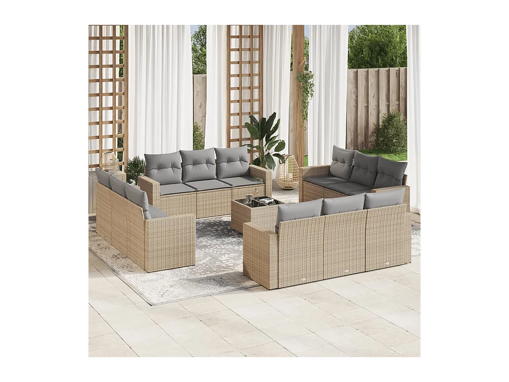 13-delige Loungeset met kussens poly rattan beige