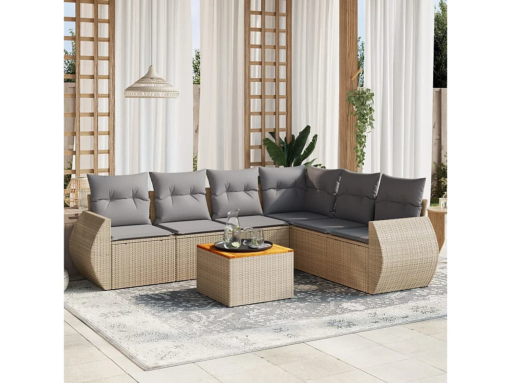 Set Divani da Giardino 7 pz con Cuscini Beige in Polyrattan