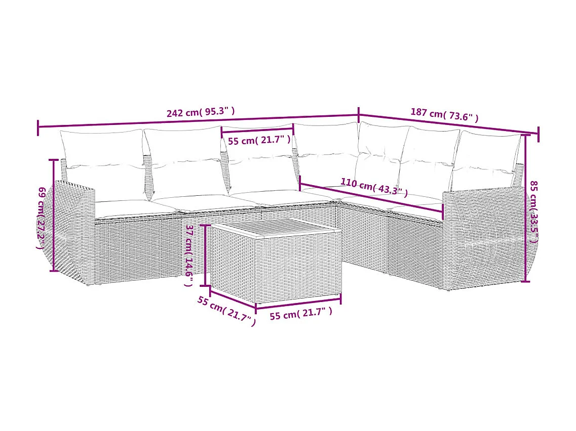 Set Divani da Giardino 7 pz con Cuscini Beige in Polyrattan