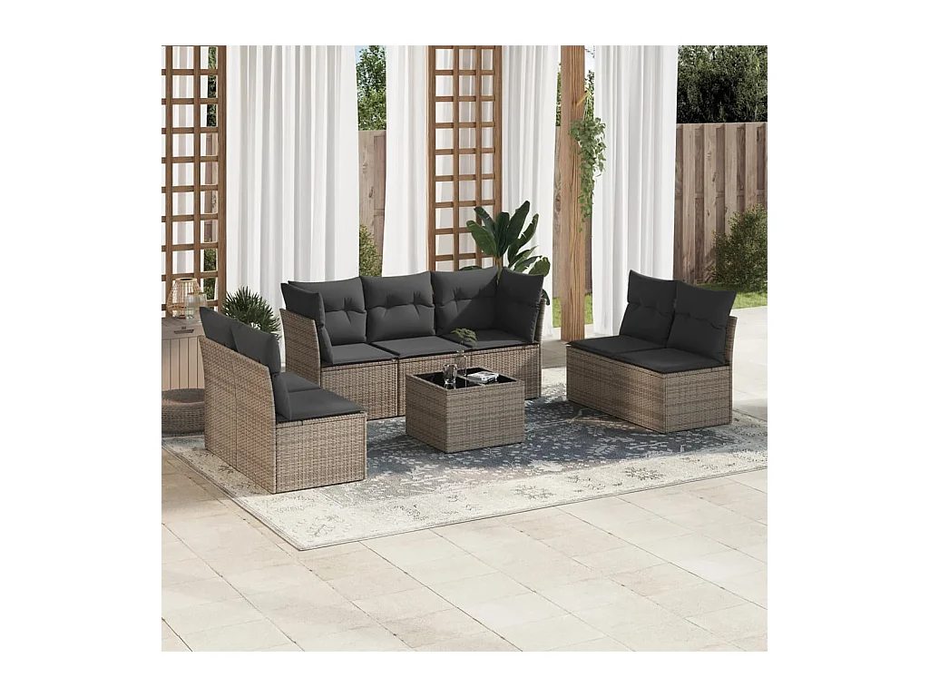 8-tlg. Garten-Sofagarnitur mit Kissen Grau Poly Rattan