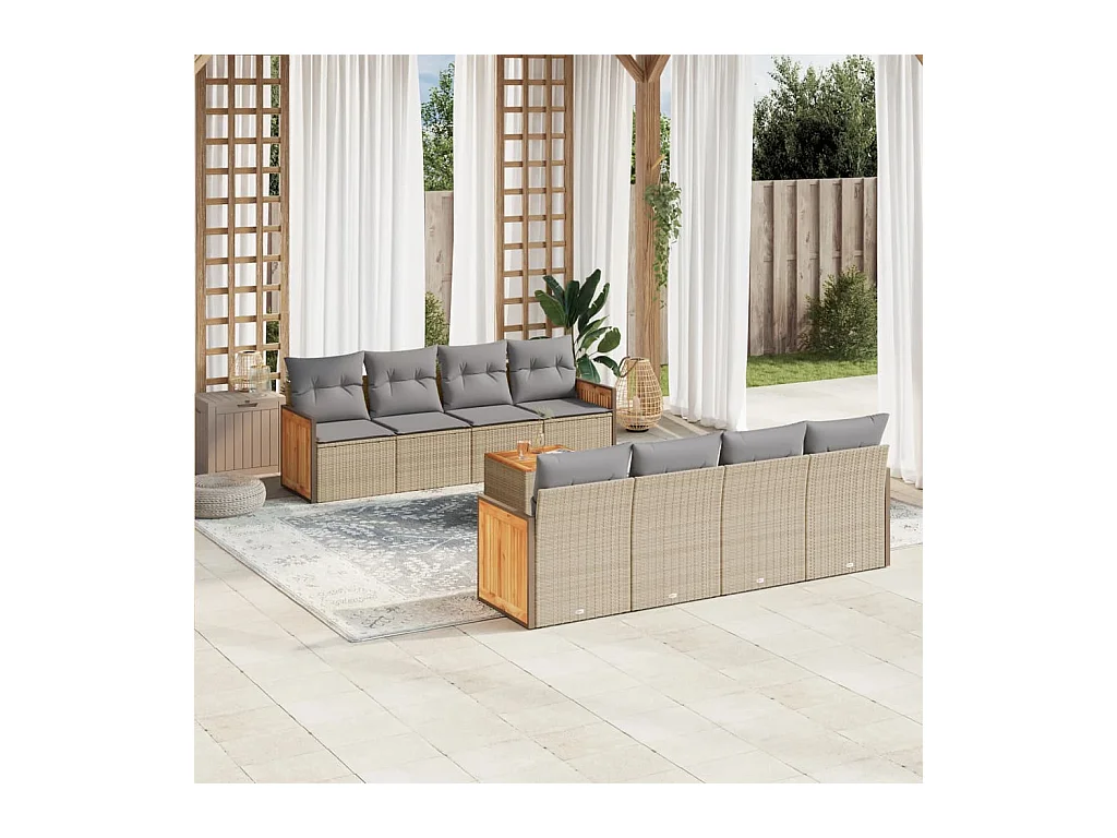 Salon de jardin avec coussins 9 pcs beige résine tressée
