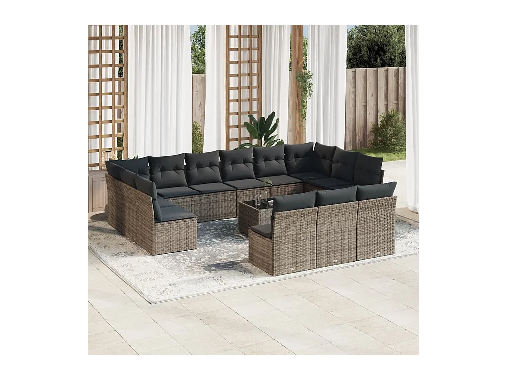 Salon de jardin avec coussins 14 pcs gris résine tressée