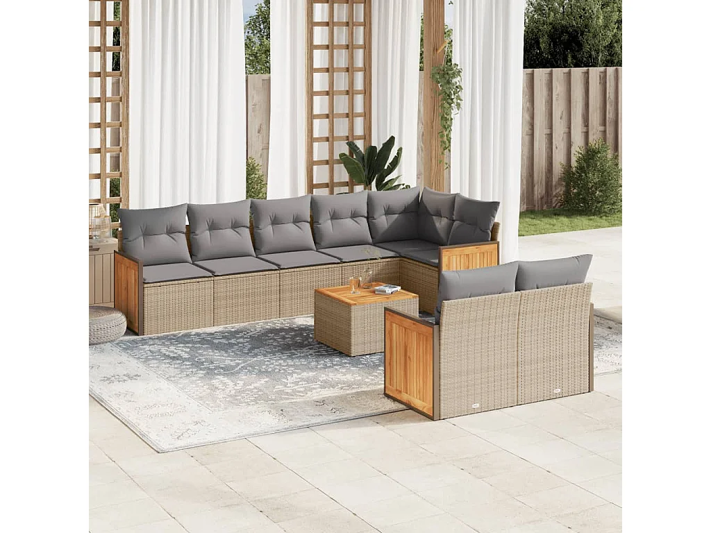 9-tlg. Garten-Sofagarnitur mit Kissen Beige Poly Rattan