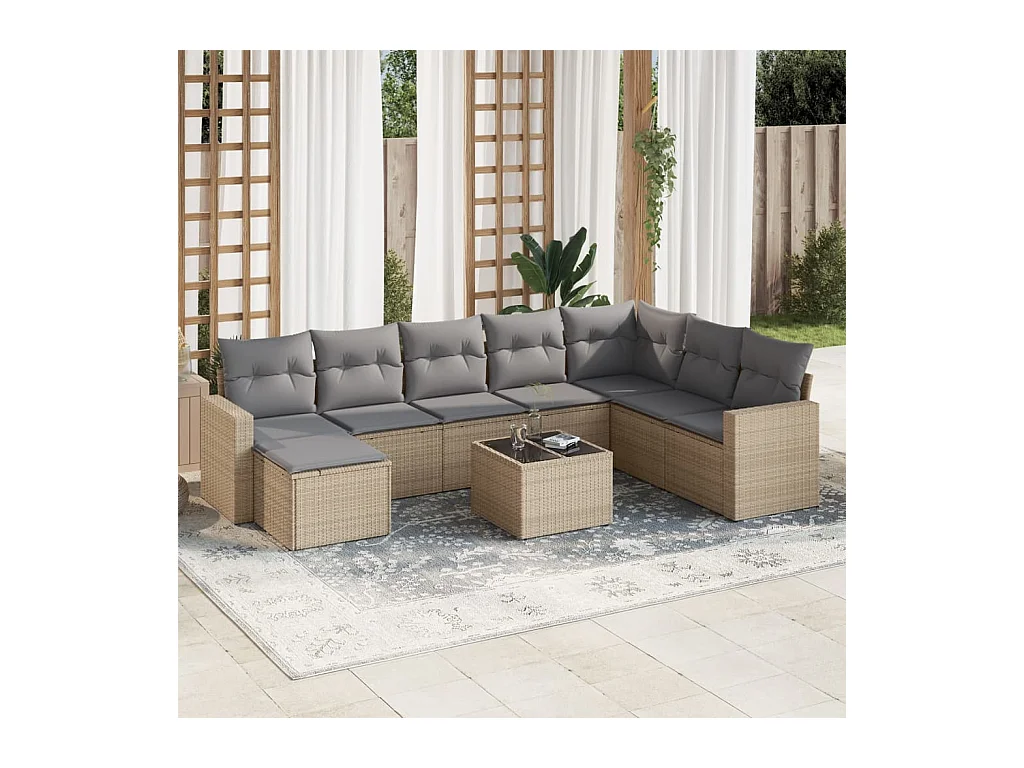 Salon de jardin avec coussins 9 pcs beige résine tressée