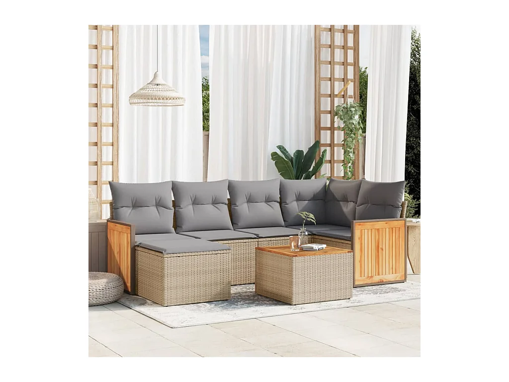 Set Divani da Giardino 7 pz con Cuscini Beige in Polyrattan