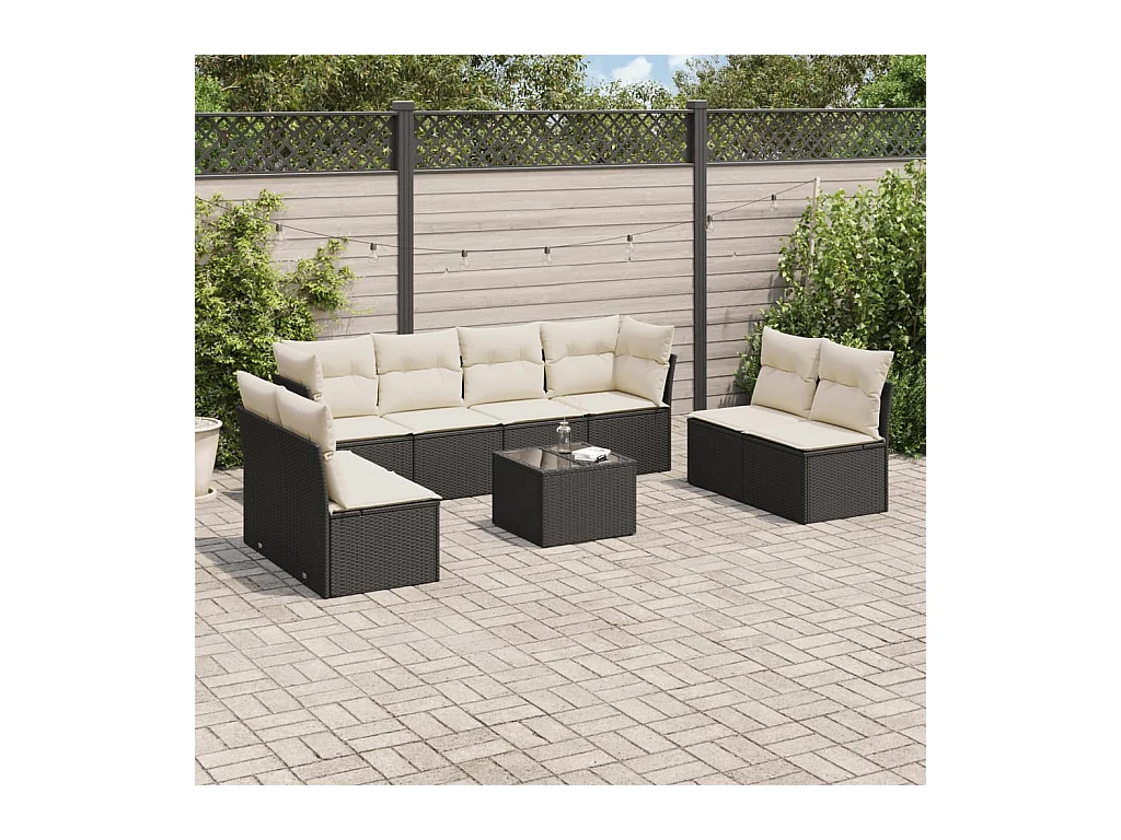 Salon de jardin 9 pcs avec coussins noir résine tressée