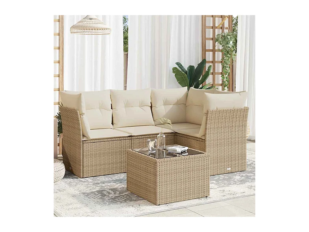 5-delige Loungeset met kussens poly rattan beige