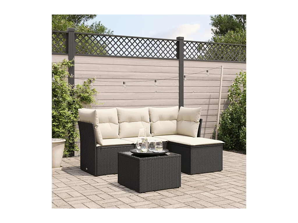 5-tlg. Garten-Sofagarnitur mit Kissen Schwarz Poly Rattan