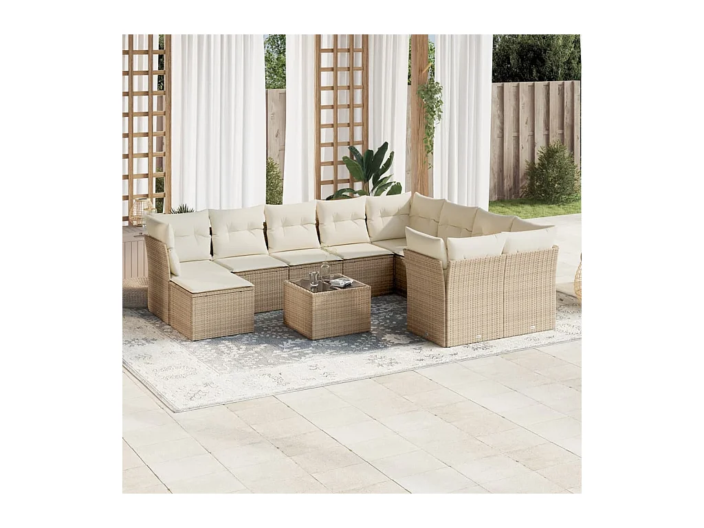 11-tlg. Garten-Sofagarnitur mit Kissen Beige Poly Rattan