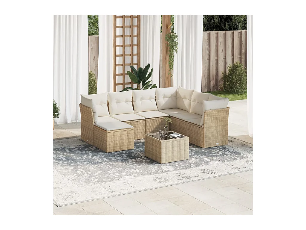 Set Divano da Giardino 8 pz con Cuscini Beige in Polyrattan