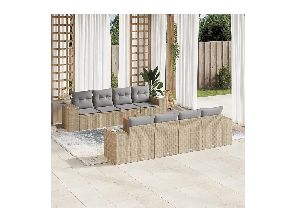 Set Divano da Giardino 9 pz con Cuscini Beige in Polyrattan