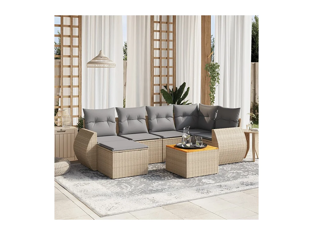 Set sofás de jardín 7 piezas y cojines ratán sintético beige