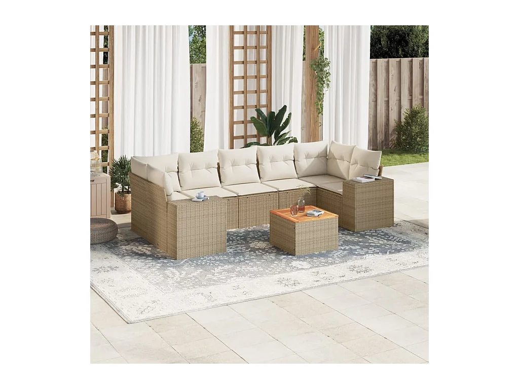 Salon de jardin avec coussins 8 pcs beige résine tressée
