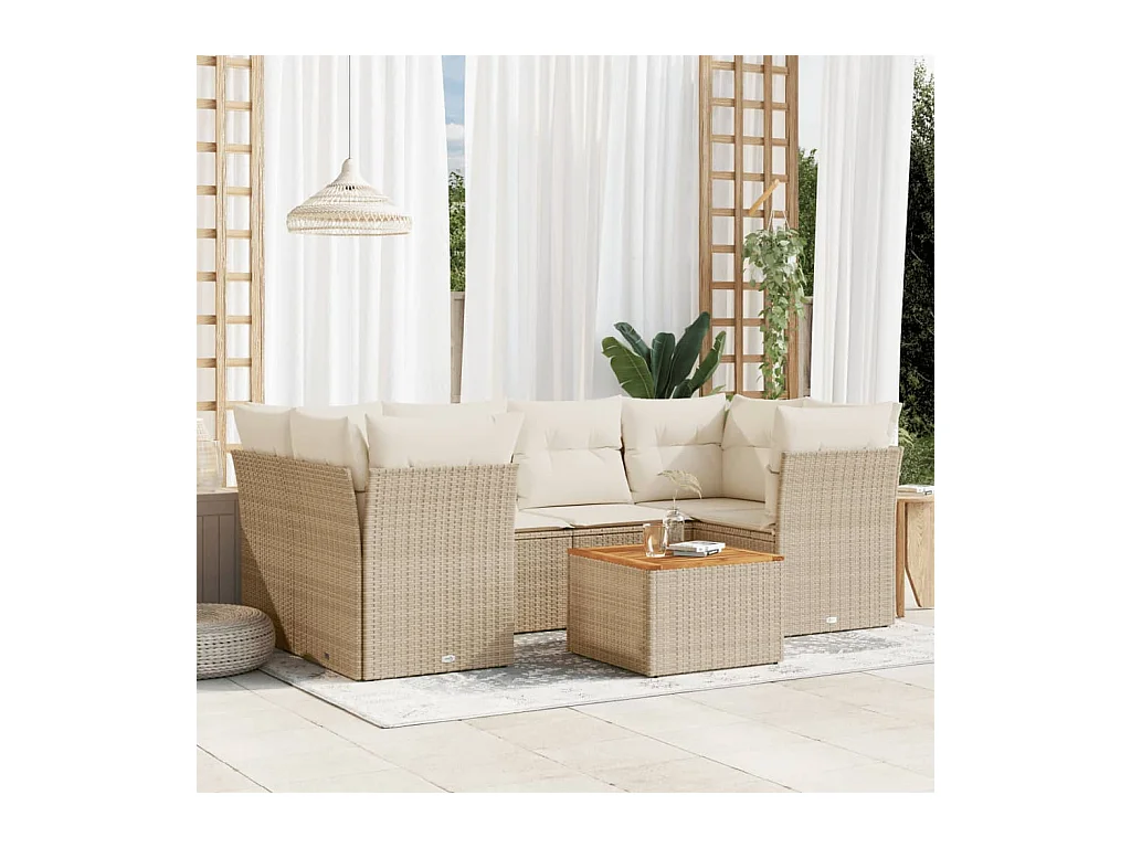 7-delige Loungeset met kussens poly rattan beige