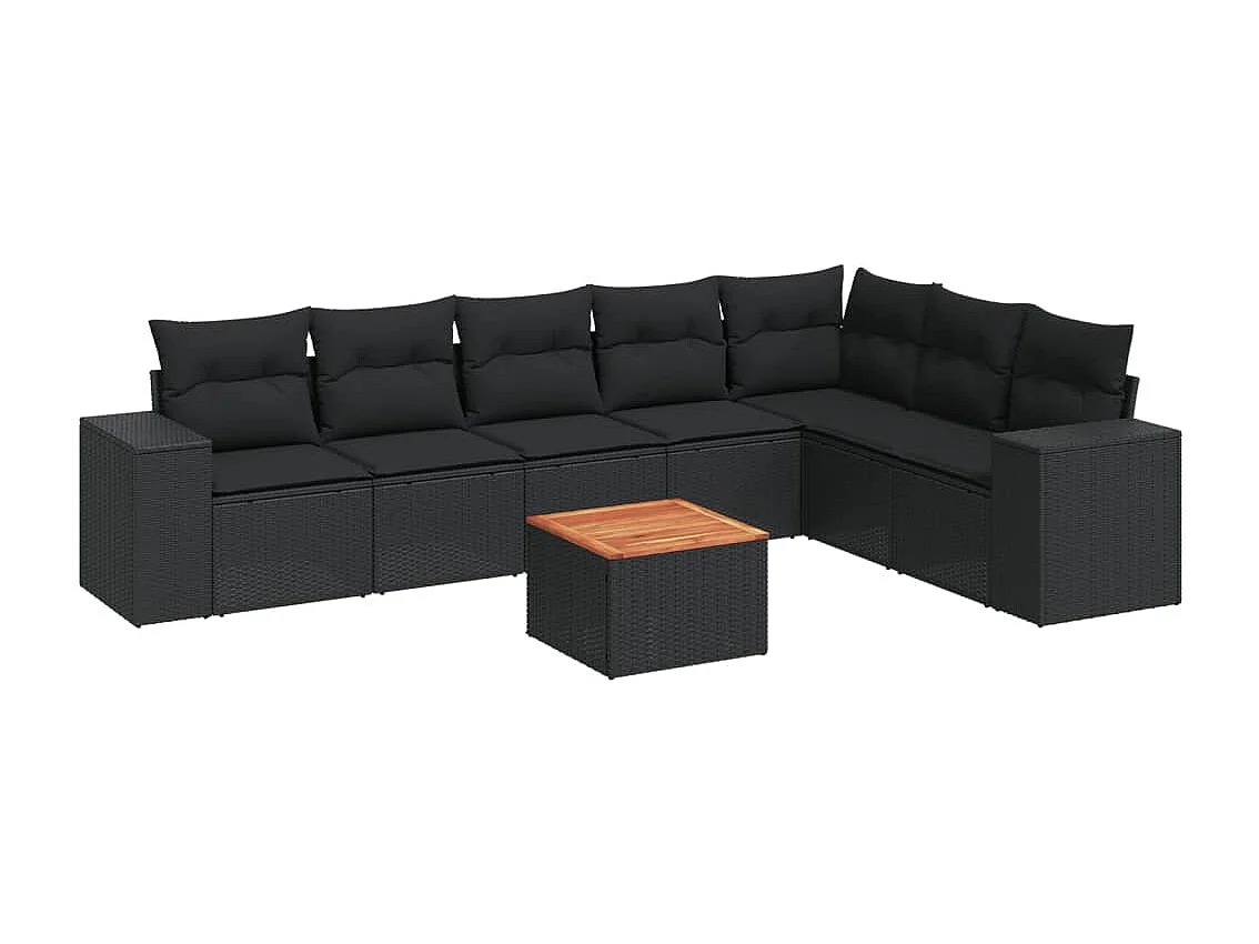 Salon de jardin 8 pcs avec coussins noir résine tressée