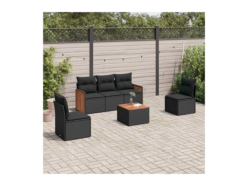 Set Divano da Giardino 6 pz con Cuscini Nero in Polyrattan