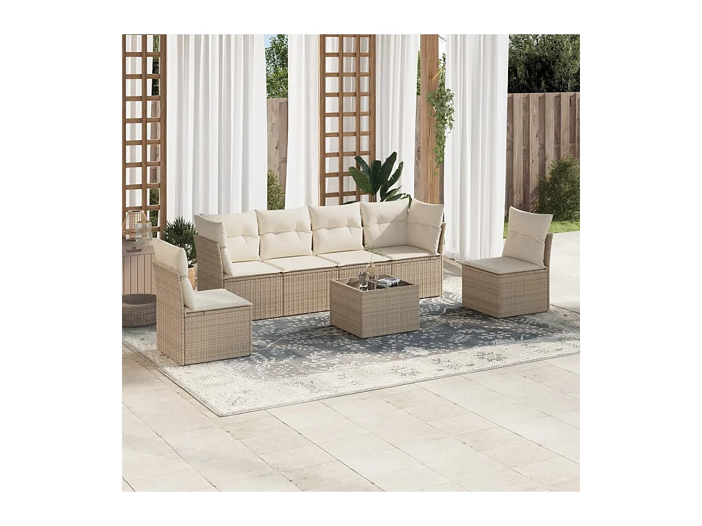 Set Divani da Giardino 7 pz con Cuscini Beige in Polyrattan