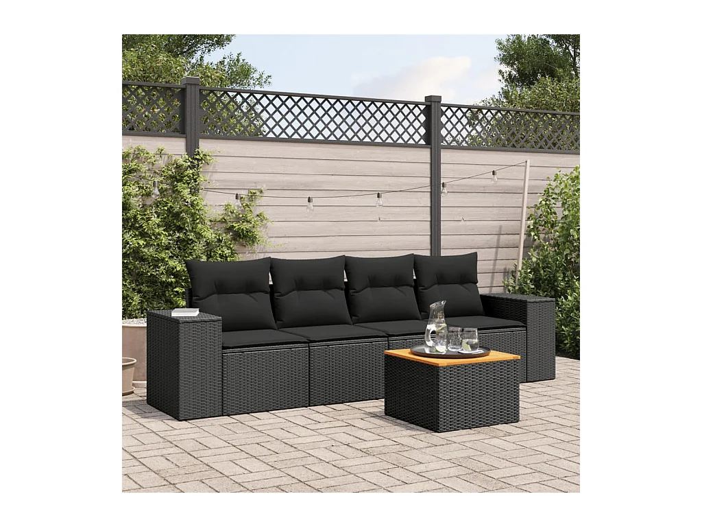 5-delige Loungeset met kussens poly rattan zwart