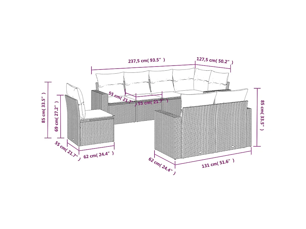 8-tlg. Garten-Sofagarnitur mit Kissen Schwarz Poly Rattan