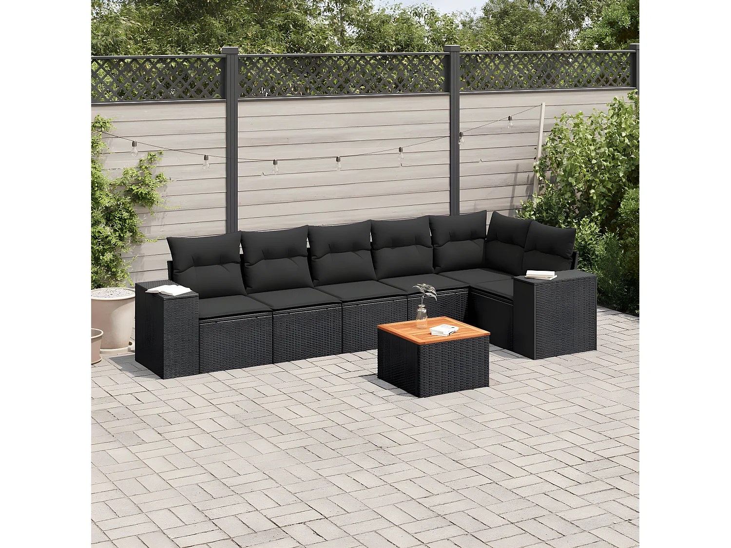 7 pcs conjunto de sofás p/ jardim c/ almofadões vime PE preto