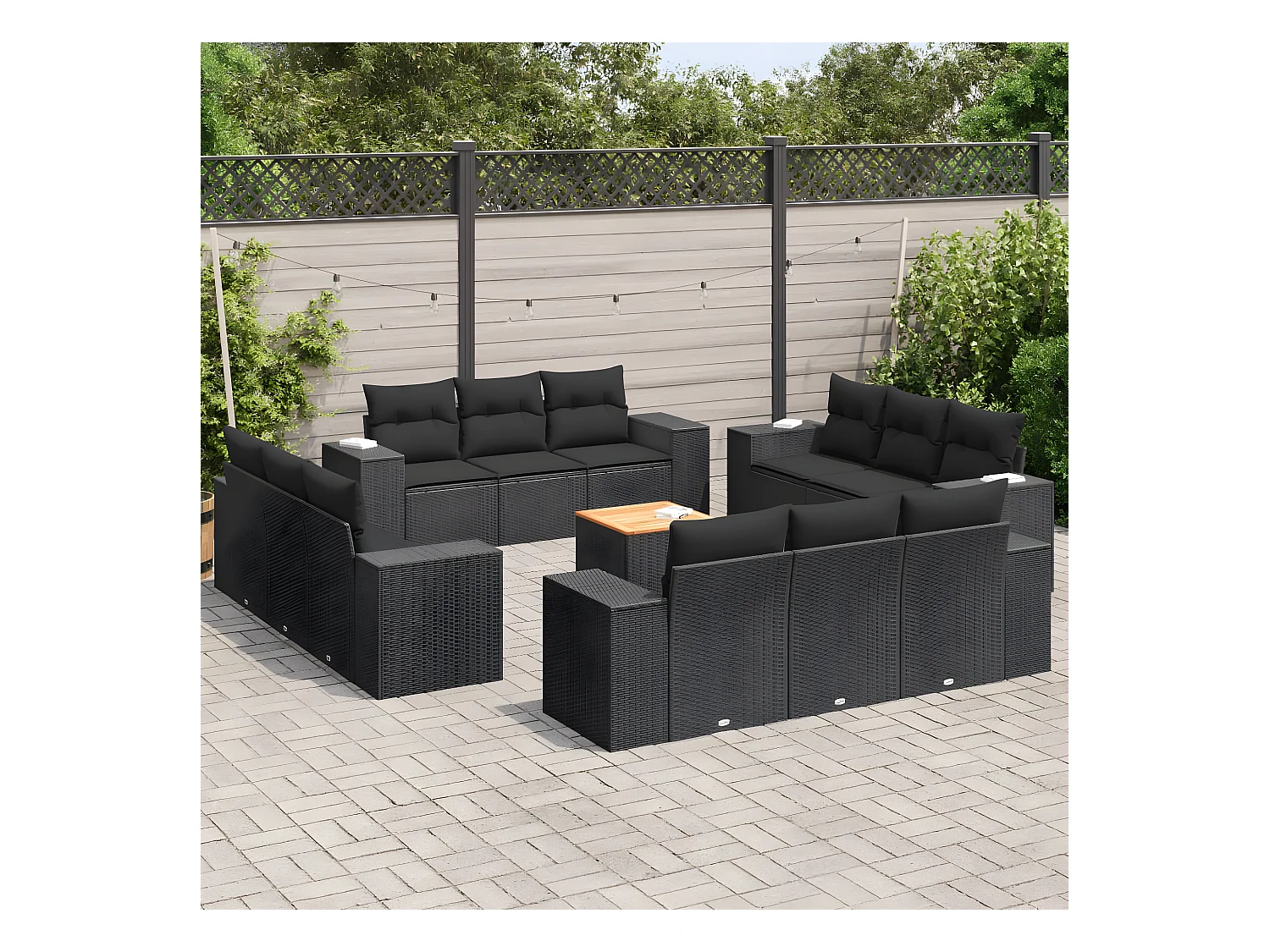 Set Divani da Giardino 13pz con Cuscini Nero in Polyrattan