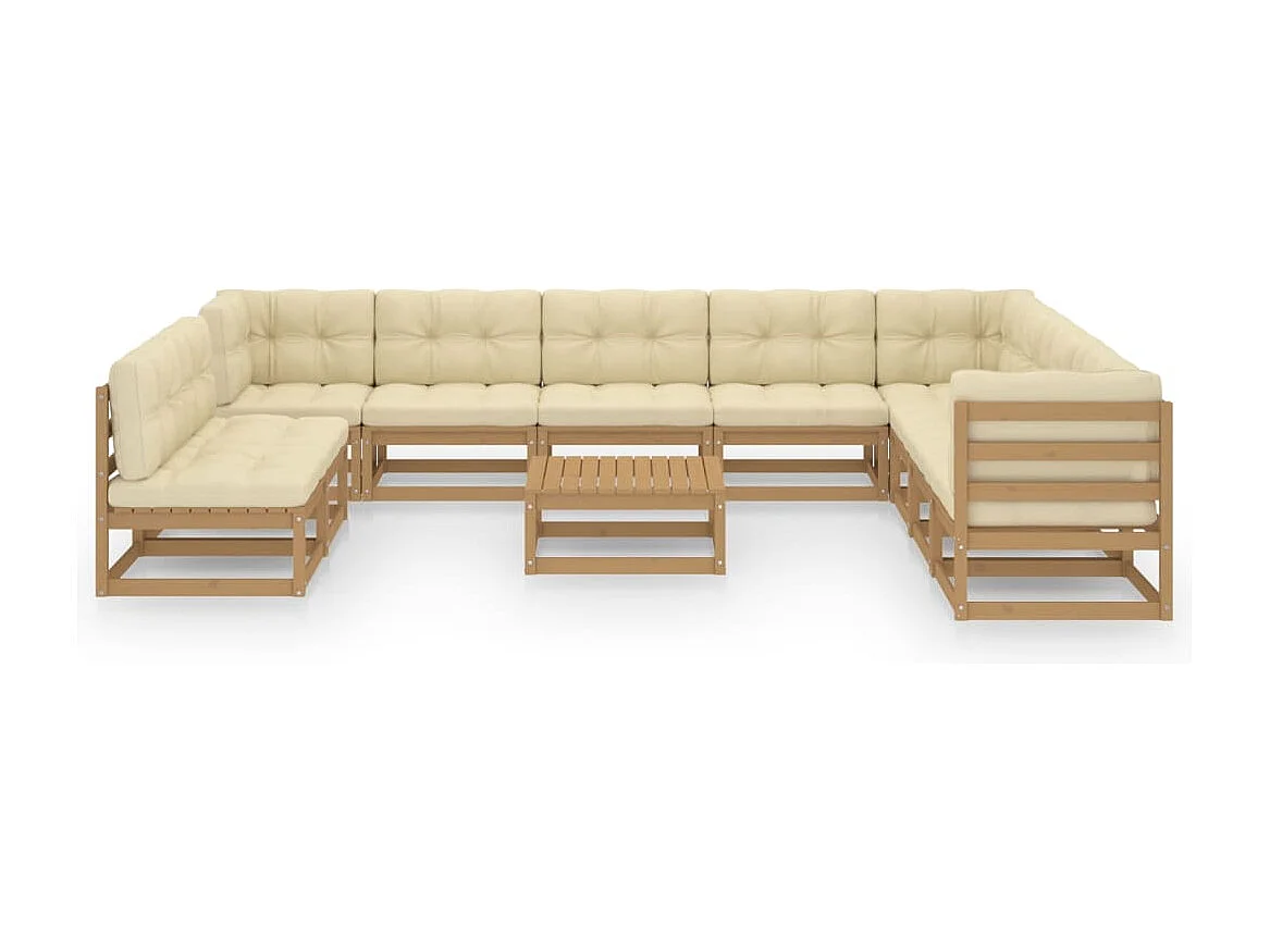 Salon de jardin 11 pcs avec coussins Marron miel Bois de pin