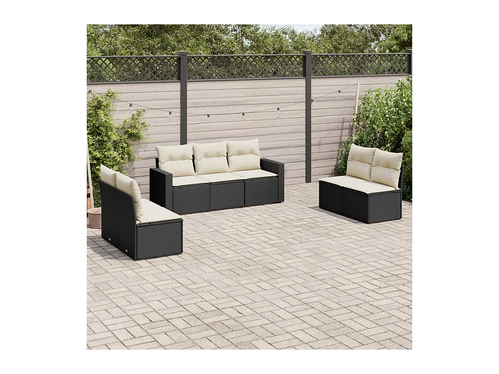 Salon de jardin 7 pcs avec coussins noir résine tressée
