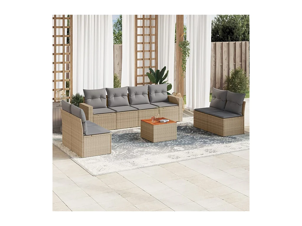Set Divano da Giardino 9 pz con Cuscini Beige in Polyrattan
