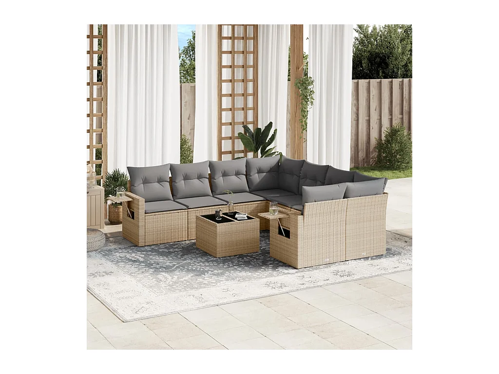 9-delige Loungeset met kussens poly rattan beige