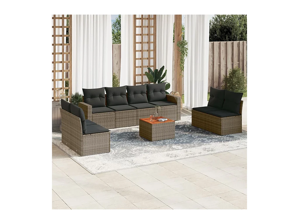 Set Divano da Giardino 9 pz con Cuscini Grigio in Polyrattan