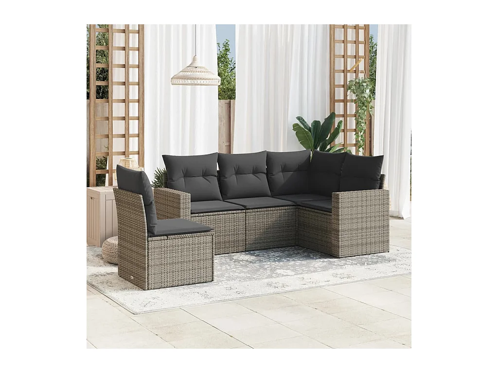 Set Divano da Giardino 5 pz con Cuscini Grigio in Polyrattan