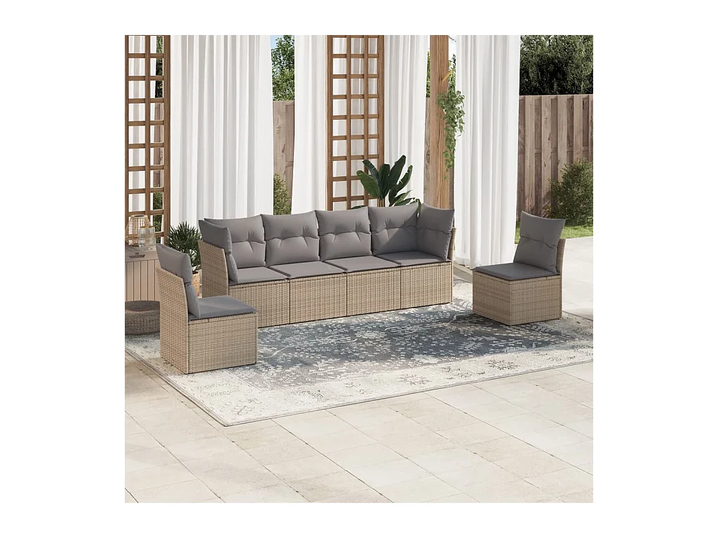 6-delige Loungeset met kussens poly rattan beige