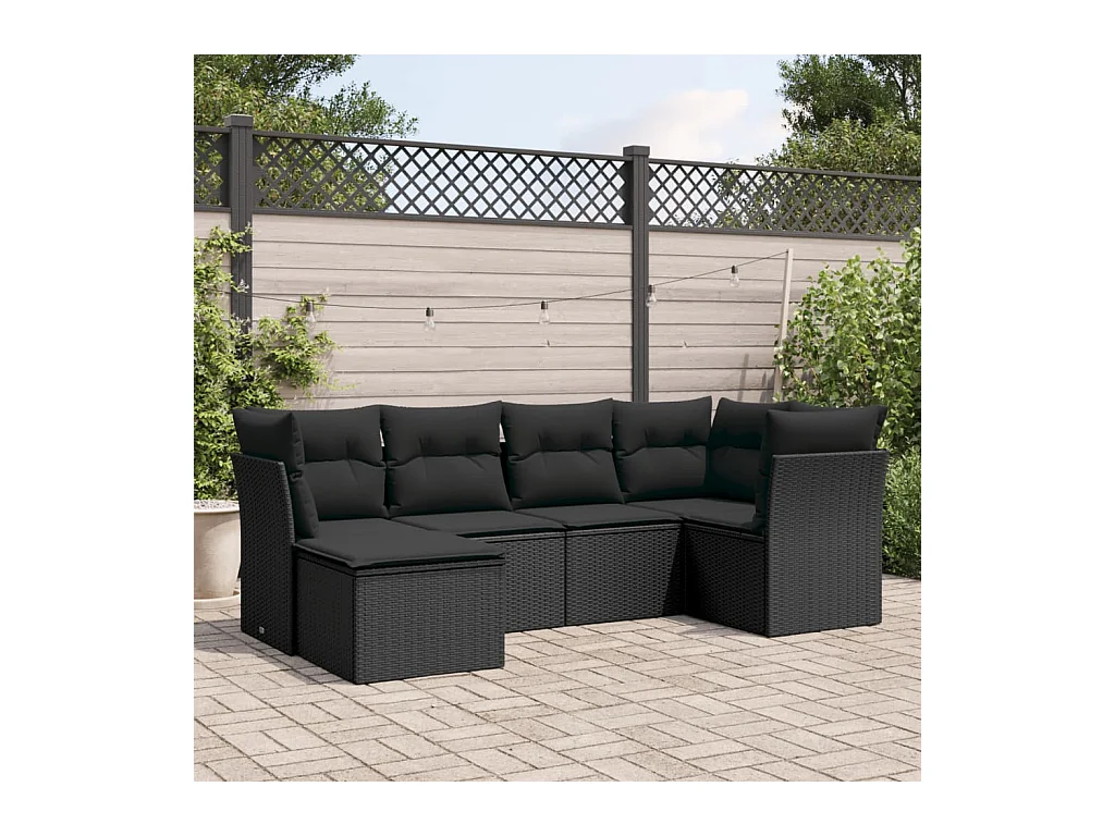 6-delige Loungeset met kussens poly rattan zwart