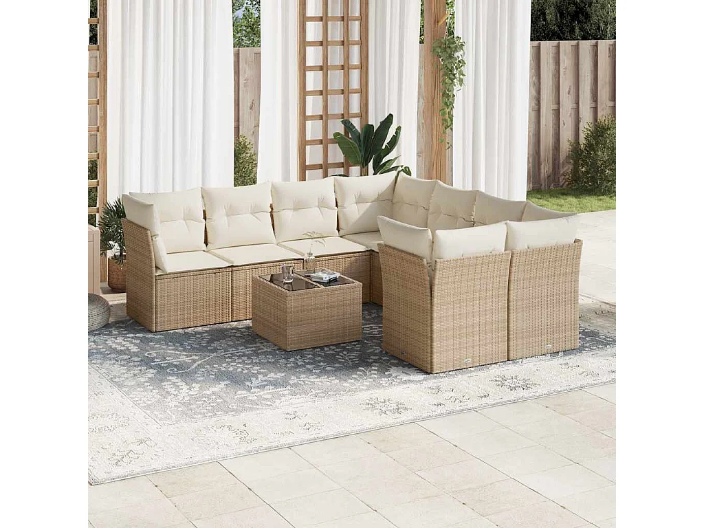 Salon de jardin avec coussins 9 pcs beige résine tressée