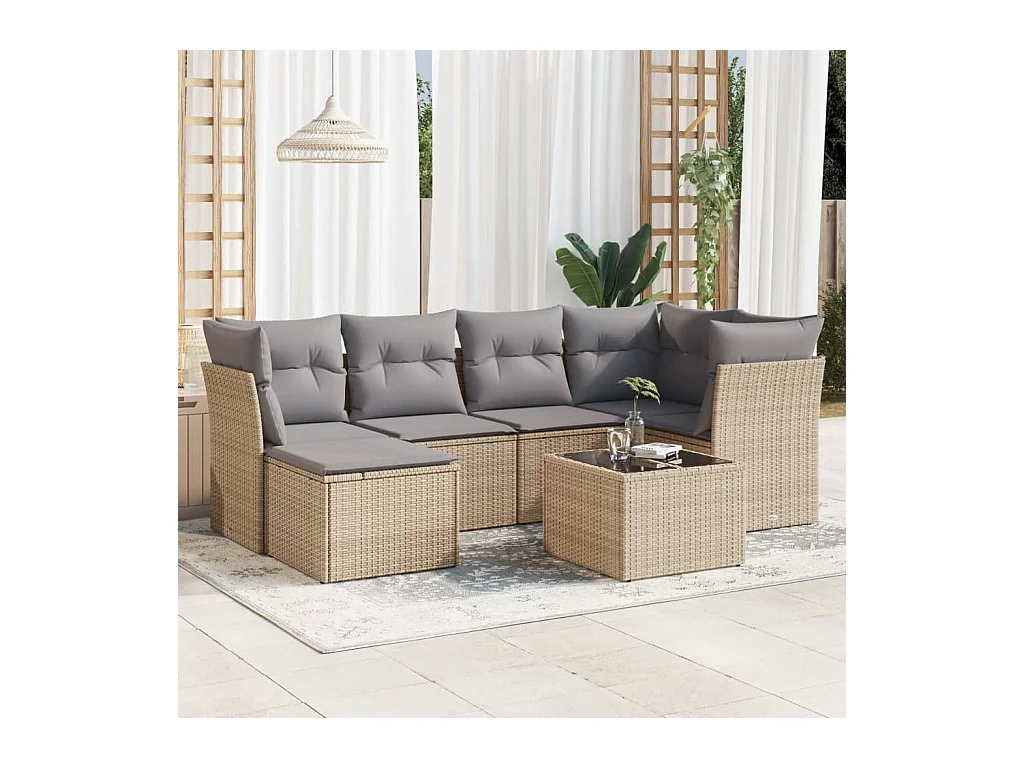 Set Divani da Giardino 7 pz con Cuscini Beige in Polyrattan